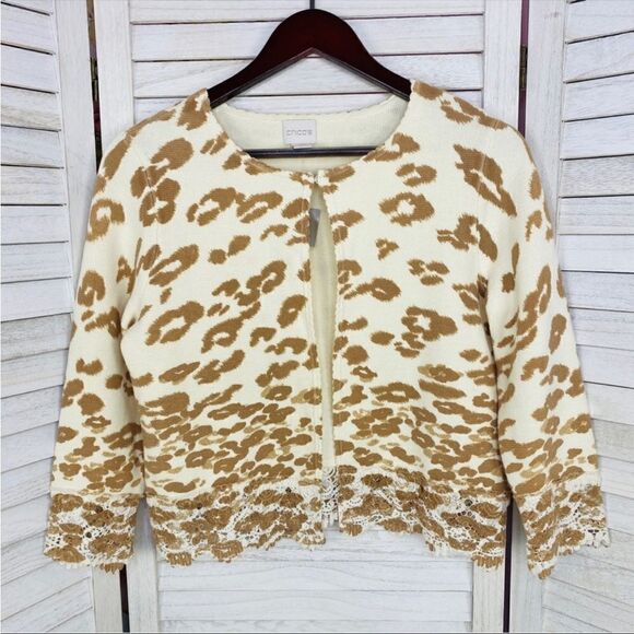 Chico’s Charlee Cheetah Lace Hem Crop Cardigan Sweater Cream Tan Small - Picture 5 of 13